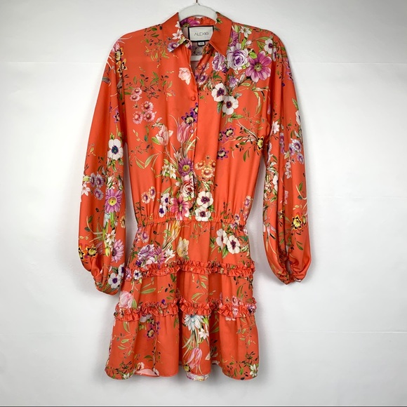 Alexis Loe Floral Ruffle Long Puff Sleeve Ruffle Mini Dress Red Orange XS - Picture 6 of 14